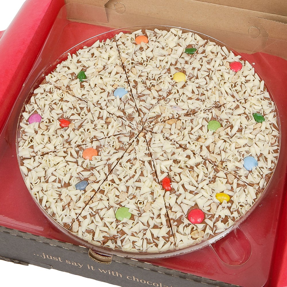 Smooth Belgian milk chocolate pizza topped with Jelly Belly Jelly Beans, and rainbow chocolate drops.